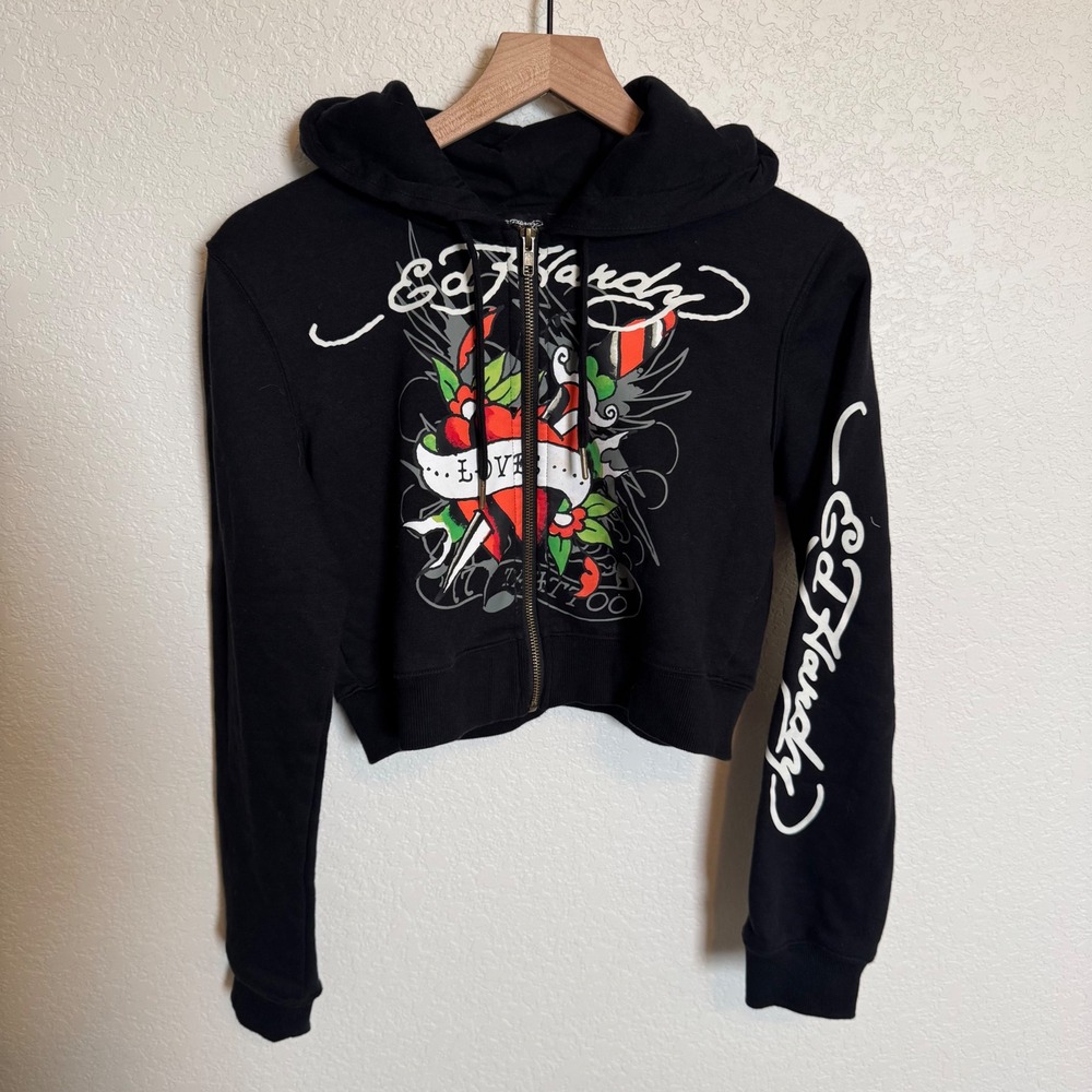 Y2K Cyber Grunge Ed Hardy Cropped Zip Up Hoodie Large Black